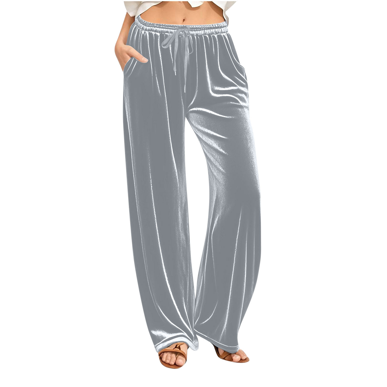 Womens Velvet Wide Leg Pants Elastic Waist Loose Fit Lounge Trousers